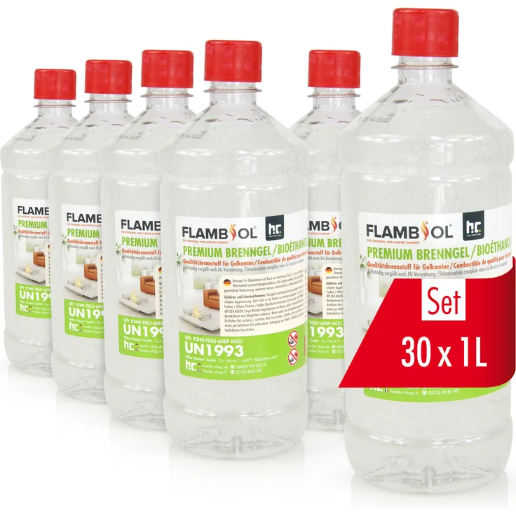 Höfer Chemie 30x 1 L FLAMBIOL® Premium Brenngel, Bioethanol mit langer Brenndauer