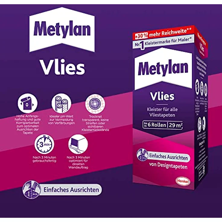 Metylan Vlies, Tapetenkleister für Vliestapeten mit glatter oder strukturierter Rückseite, einfach zu verwendender Tapetenkleister, Kleister mit hoher Ergiebigkeit, 1x180g – Bild 4