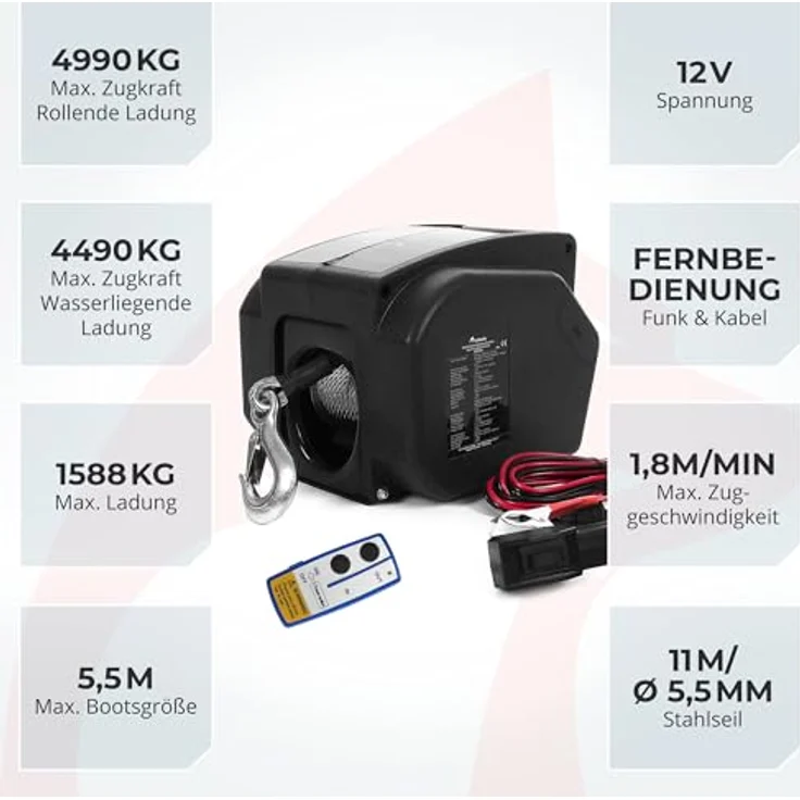 ROTFUCHS Elektrische Seilwinde 12v für Bootstrailer mit Funkfernbedienung – 4990 Kg Zugkraft, Bootswinde elektrisch, Winde Seilzug Stahlseil - Preisvergleich – Bild 2