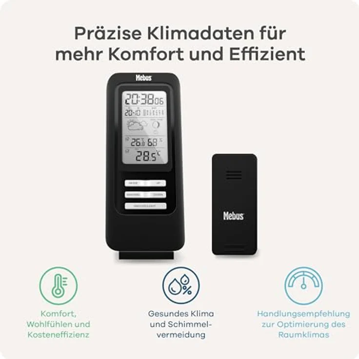 MEBUS Wetterstation 40687, funkgesteuert mit Außensensor, Thermometer/Hygrometer, Funkuhr, Wohlfühlindikator, Wettervorhersage, Mondkalender, Wecker, Farbe: Schwarz – Bild 2