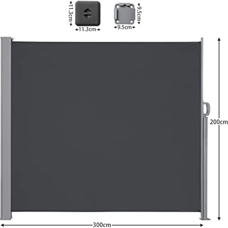LARMNEE Seitenmarkise EBK203TBP02, ausziehbar 200 x 300 cm, rostbeständig, UV-blockierend, blickdicht, für Balkon, Terrasse, Garten, Anthrazit – Bild 2