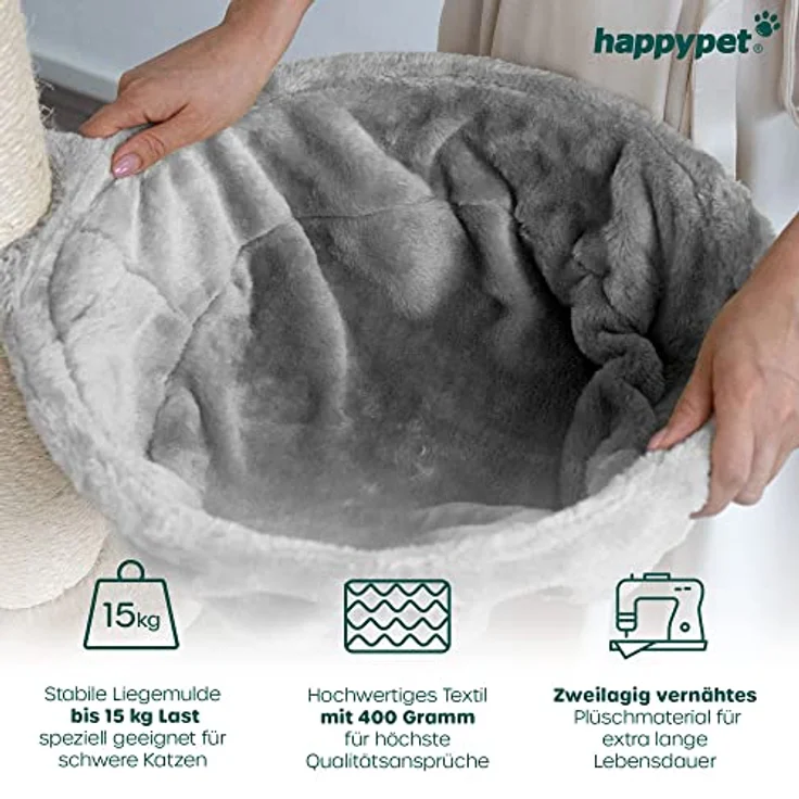 HAPPYPET Großer Kratzbaum Parker 171 cm hoch - Kletterbaum Katzenbaum für Katzen, Stabile Dicke Sisal-Säulen 11 cm, Haus Spieltunnel, große Liegemulden (Belastbar 15 kg), Spieltau & Kratzrolle, Grau – Bild 3