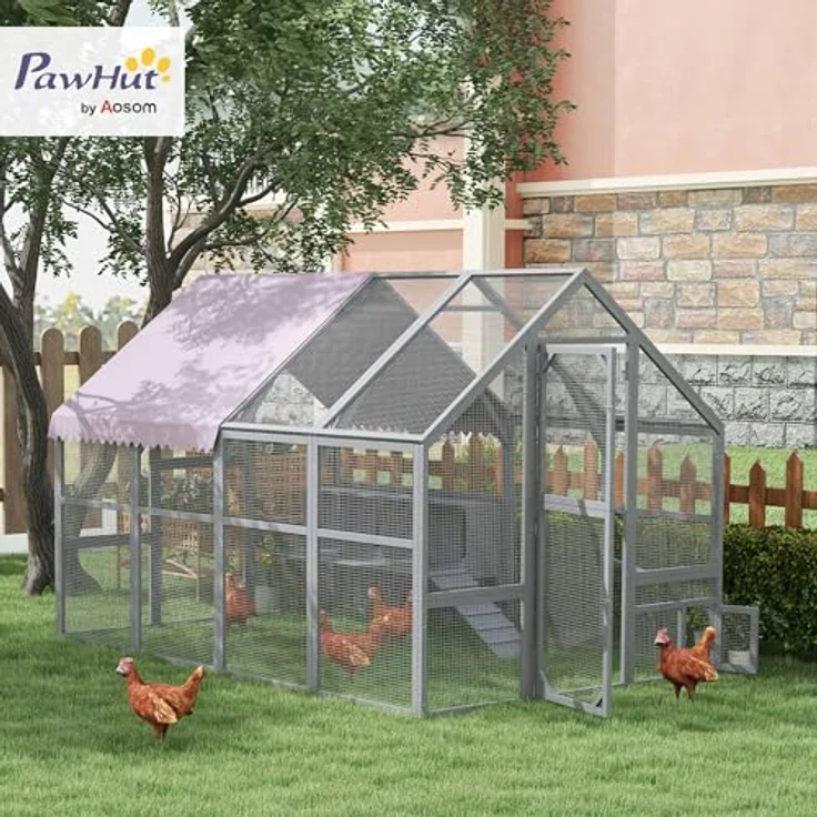 PawHut Hühnerstall Freilaufgehege aus Holz, 280 x 185,5 x 188 cm, mit Tür, Nistkasten, Dach und Rampe, für 8-12 Hühner, grau – Bild 2
