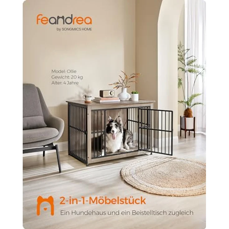 Feandrea Hundekäfig Möbel, Beistelltisch, Hundebox, Moderne Hundehütte Indoor für Hunde bis zu 32 kg, hochbelastbar, geschlossener Boden, Hundehaus 2 Türen, Greige meliert – Bild 3