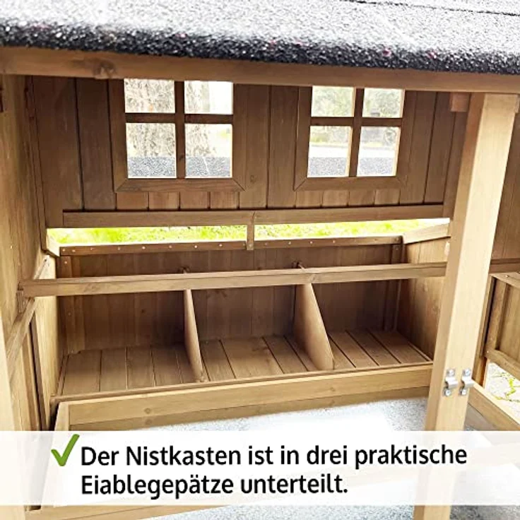 Zooprinz Hühnerstall Berghof, geräumig mit breitem Nistkasten und Klappdach, 110x130x110 cm, Massivholz, mit Falltür und herausziehbarer Kotschublade – Bild 8