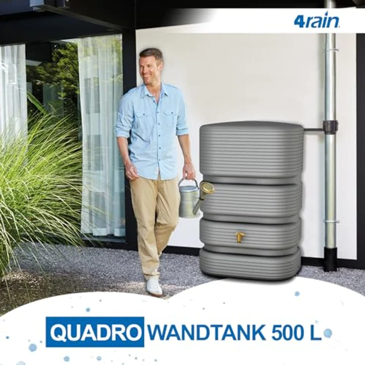 4rain Wandtank Quadro, 500 l Regenwasserspeicher in Betongrau mit fünf Gewindeanschlüssen, UV-stabil und robust – Bild 2
