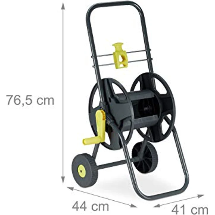 Relaxdays Schlauchwagen 45m, fahrbare Schlauchtrommel für Garten & Balkon, mit Schlauchführung, 76,5x44x41 cm, grau-gelb – Bild 5