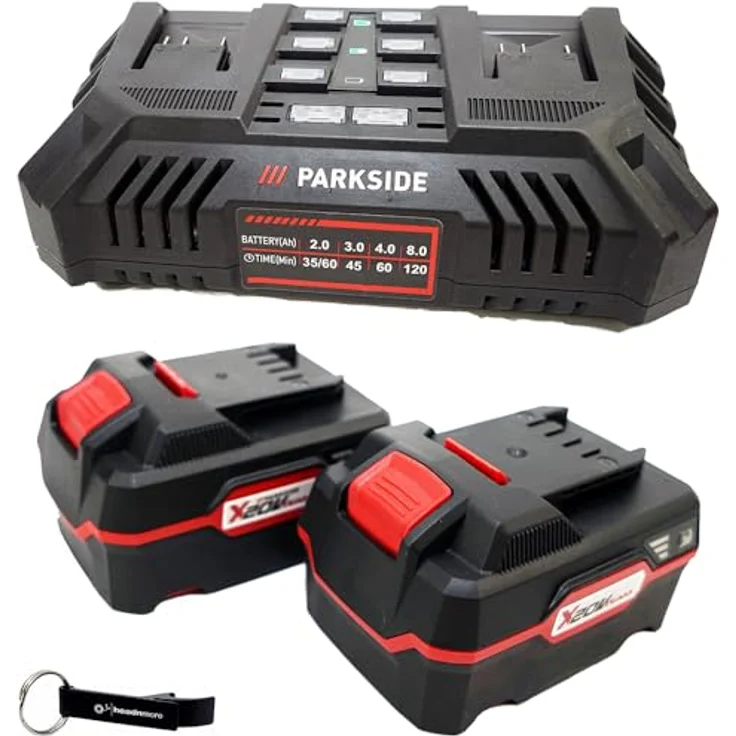 HEADNMORE® Bundle - PARKSIDE® 20V Akku Doppelladegerät PDSLG 20 mit 2x 4Ah Lithium-Ionen Akku, inkl. automatischer Ladeabschaltung und HEADNMORE® Flaschenöffner Schlüsselanhänger – Bild 1