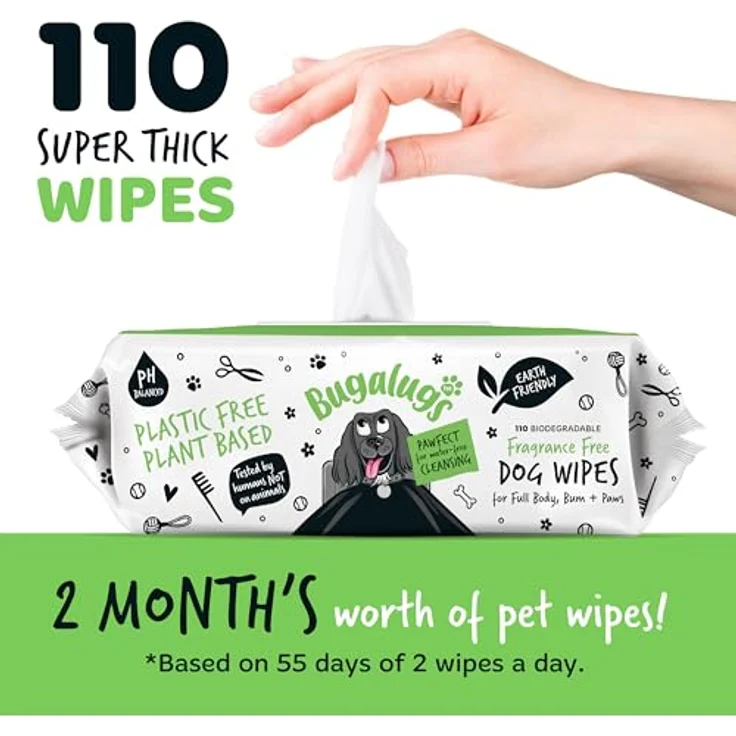 Bugalugs Fellpflege 110 Feuchttücher für Hunde, biologisch abbaubar, hypoallergen, sanfte Reinigungstücher für empfindliche Haut, 20 cm x 20 cm – Bild 3