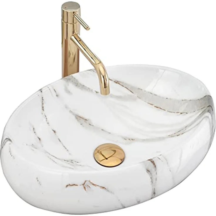 REA Waschbecken Waschtisch Aufsatzwaschbecken Keramik Handwaschbecken Aufsatz Waschschale Oval Elfenbein Stein Marmor ​33x48 Badezimmer Armatur Wasserhahn Bad Armaturen Nano-Beschichtun – Bild 1