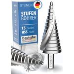 STONE REEF Stufenbohrer Profi aus HSS Stahl - [15 Stufen | Ø 4-32mm] - Kegelbohrer, Schälbohrer, Metall, Lochbohrer, Blechbohrer, Kunststoffbohrer, Lochfräser, Fräsbohrer, Lochschneider - Spiralnut, Triangular-Schaft, extra tiefe 4mm Stufen - in HSS Stahl