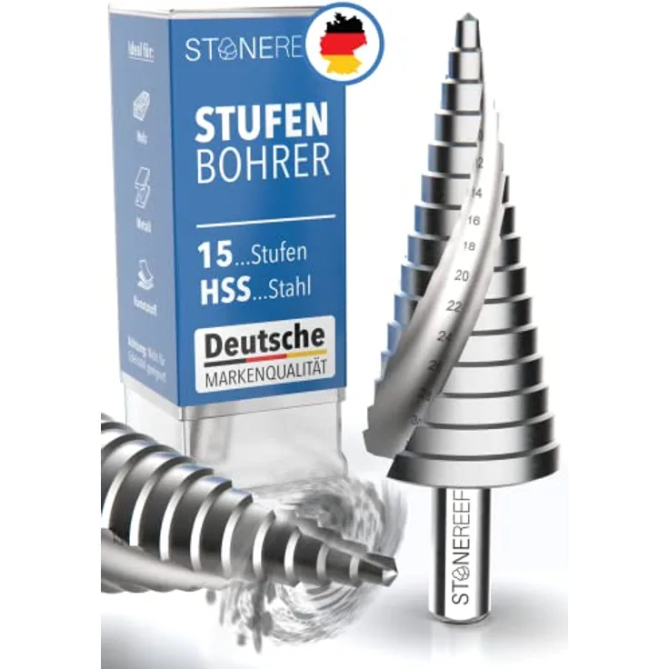 STONE REEF Stufenbohrer Profi aus HSS Stahl - [15 Stufen | Ø 4-32mm] - Kegelbohrer, Schälbohrer, Metall, Lochbohrer, Blechbohrer, Kunststoffbohrer, Lochfräser, Fräsbohrer, Lochschneider - Spiralnut, Triangular-Schaft, extra tiefe 4mm Stufen - in HSS Stahl