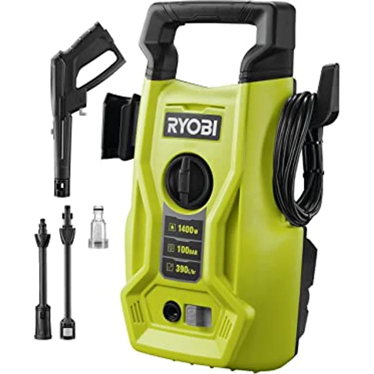 RYOBI 1400 W Elektro-Hochdruckreiniger RY100PWA, 100 bar Druck, 390 l/h Födermenge, 40° Wassertemperatur, Aluminiumpumpe, 5m Schlauch, 5m Kabel, Vario-Lanze – Bild 1