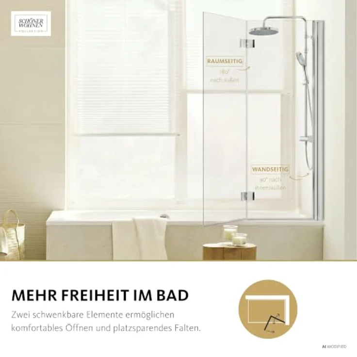 Schulte Home SCHÖNER WOHNEN-Kollektion Badewannenaufsatz ELARA, 2-teilig, Klar Hell, Chrom, 100x140 cm, faltbar, Einscheiben-Sicherheitsglas – Bild 4