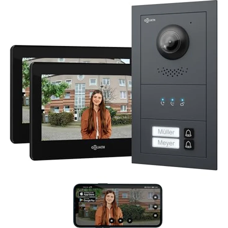 Goliath Intercom Video-Türsprechanlage Basic-Line, 2-Familienhaus mit 7-Zoll HD Monitor, Kamera und WLAN, Weiß/Silber – Bild 1