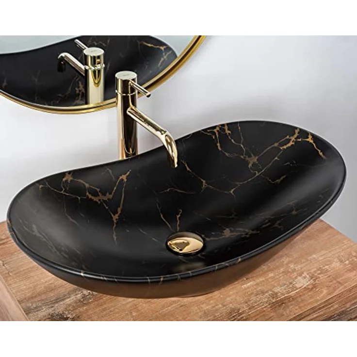 Rea Aufsatzwaschbecken Royal 60 Black Marble Mat Waschtisch Handwaschbecken Spülbecken Waschschale Waschbecken für Badezimmer aus hochwertiger Keramik 605 mm x 360 mm x 160 mm (schwarz matt) – Bild 3