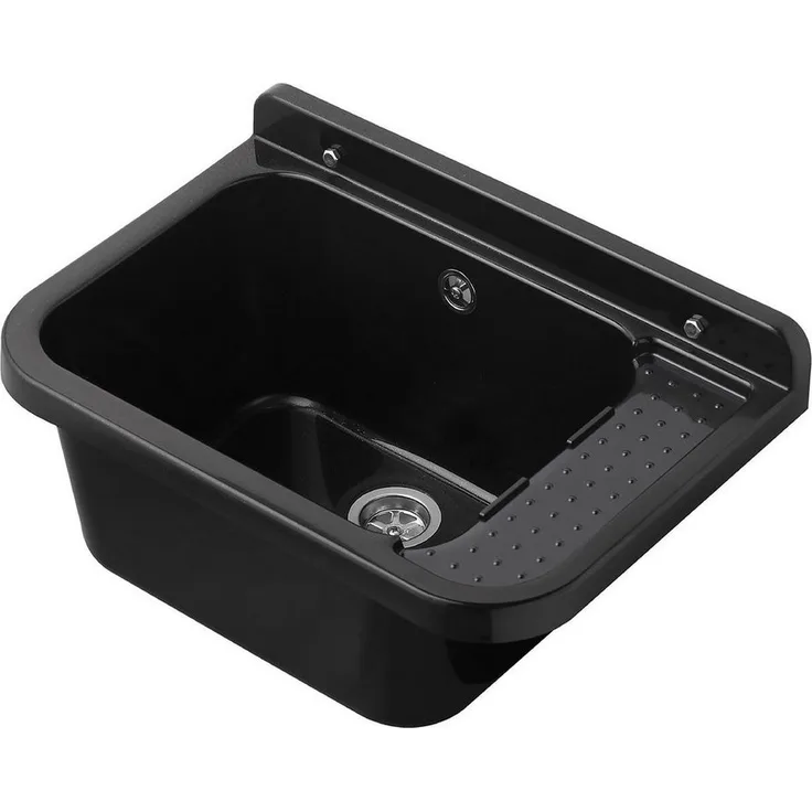 Hydroland Waschbecken SCHWARZ 50, Kunststoff Spülbecken Waschtrog Ausgussbecken mit Ablaufgarnitur 50x34x21, beständig gegen Frost und Chemikalien