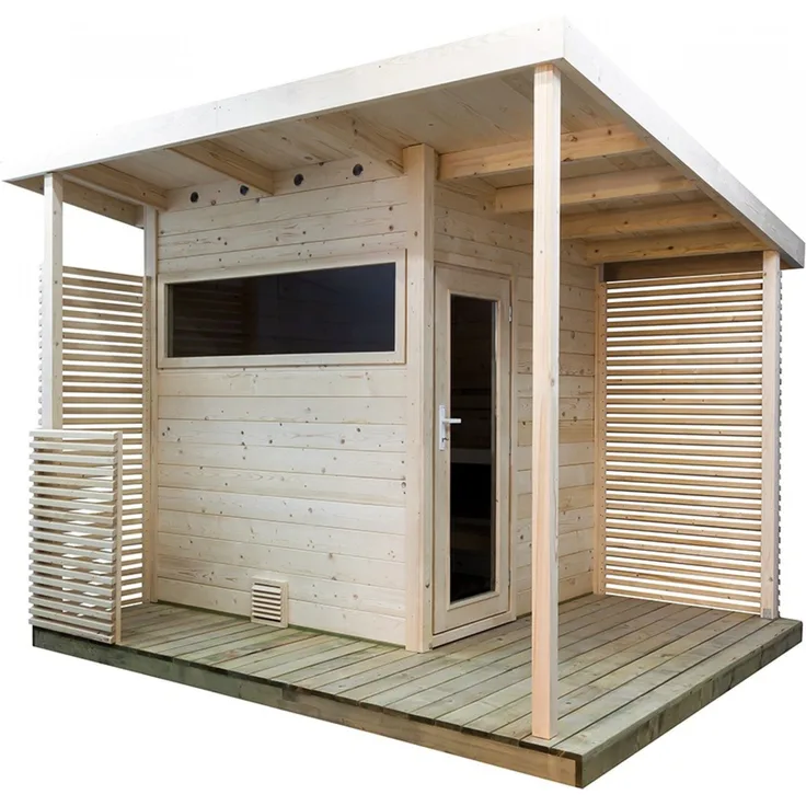 Sentiotec Gartensauna Scala Medium aus Fichte, Überdachte Terrasse, Isolierglasfenster und Inneneinrichtung aus Linde