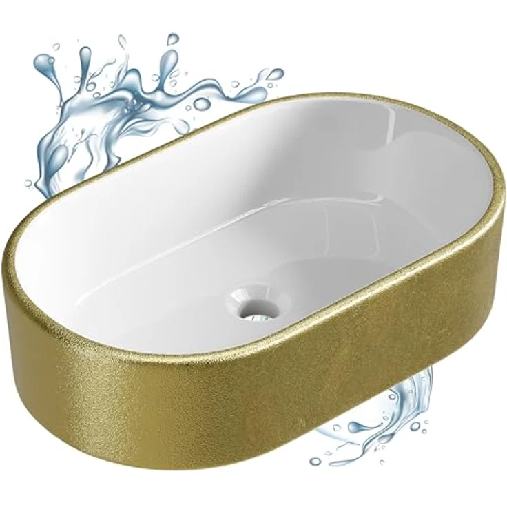 Planetmöbel Aufsatzwaschbecken Aquil, ovales Badezimmer Waschbecken 55 cm, glänzende goldene Oberfläche für Waschtisch – Bild 7