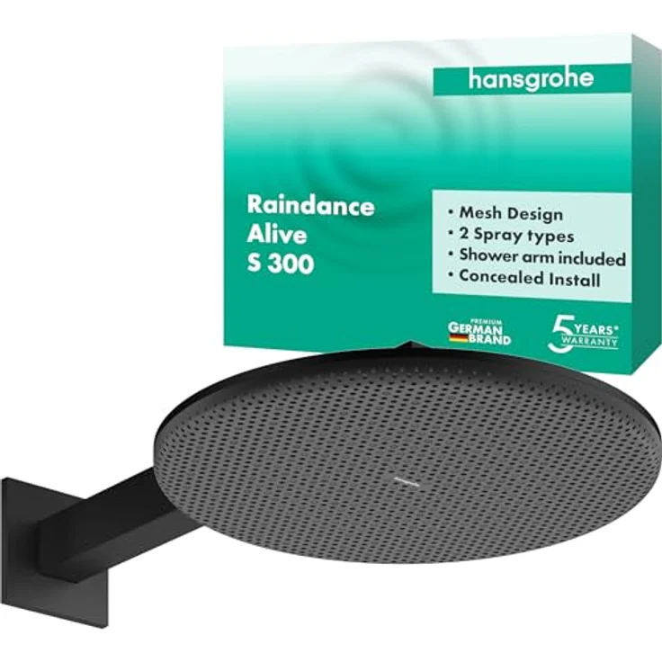 hansgrohe Raindance Alive S, Wassersparende Kopfbrause (EcoSmart) mit Brausearm, Regendusche, 2 Strahlarten, Antikalk-Funktion, Mattschwarz, 24541670 – Bild 1