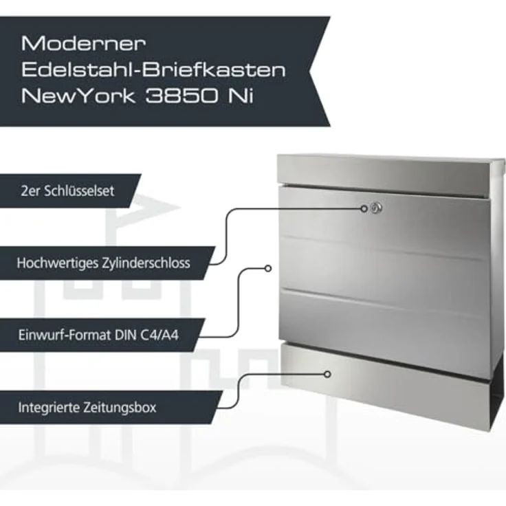 Burg Wächter Briefkastenset NewYork 3850 Ni, Edelstahl mit Zeitungsfach und Witterungsschutz, EN 13724 konform – Bild 3