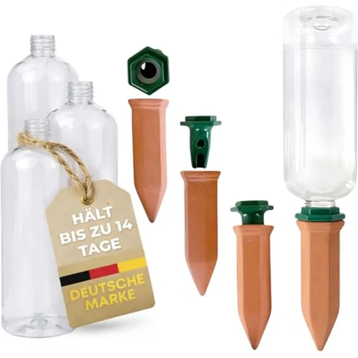 De-Plastik Automatisches Bewässerungssystem für Pflanzen, Tonkegel Set mit Adapter & 750 ml PET-Flaschen, 4 Kegel für Urlaubsbewässerung