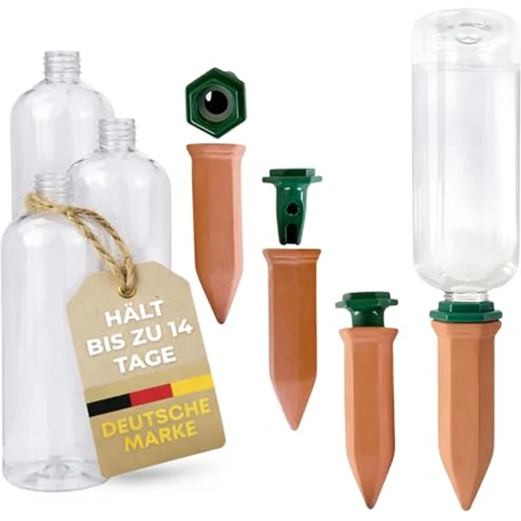 De-Plastik Automatisches Bewässerungssystem für Pflanzen, Tonkegel Set mit Adapter & 750 ml PET-Flaschen, 4 Kegel für Urlaubsbewässerung – Bild 1