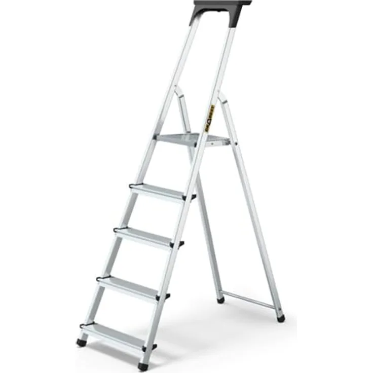 DRABEST Aluleiter mit Ablage, Stehleiter 5 Stufen, Trittleiter bis 125 kg, Haushaltleiter, Klapptrittleiter (5 Stufen), Silber