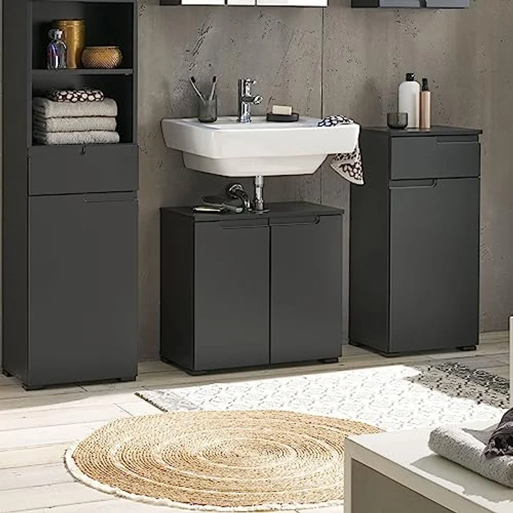 SPICE Badezimmer Waschbeckenunterschrank in Schwarz matt - Bad Unterschrank Badezimmerschrank mit viel Stauraum - 60 x 57,5 x 32 cm (B/H/T) – Bild 2