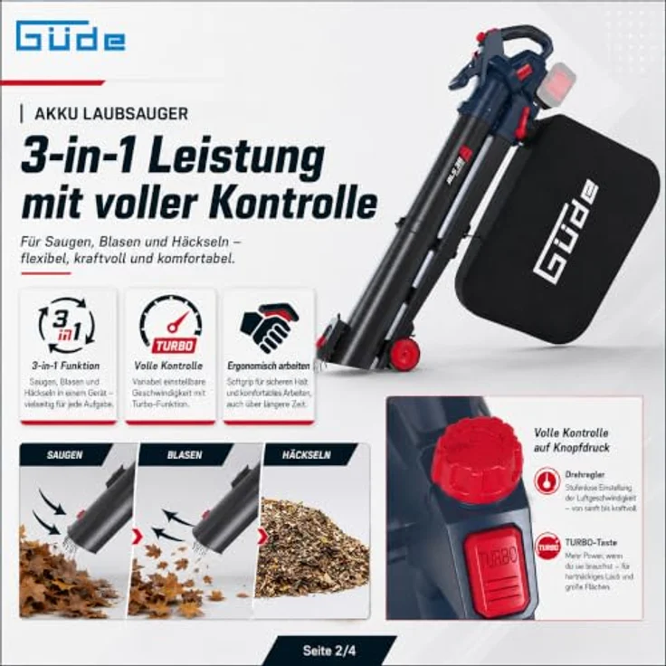 Güde Akku Laubsauger ALS 36-0, 18V Laubbläser mit 245 km/h Blasgeschwindigkeit, Häcksler-Funktion und 45 l Laubfangsack – Bild 4