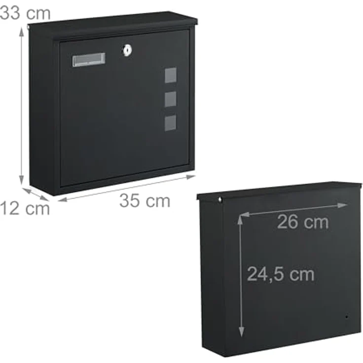 Relaxdays Briefkasten mit Sichtfenstern, Wandpostkasten aus Eisen, HxBxT: 33 x 35 x 12 cm, schwarz, 4 Schlüssel, breiter Einwurfschlitz für DIN C4-Format – Bild 4