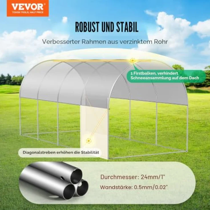 VEVOR Foliengewächshaus 445 x 194 x 192 cm, Tomatengewächshaus mit verzinktem Stahlrahmen, weißer PE-Abdeckung, aufrollbarer Reißverschlusstür und 8 Fenstern für optimierte Belüftung – Bild 2
