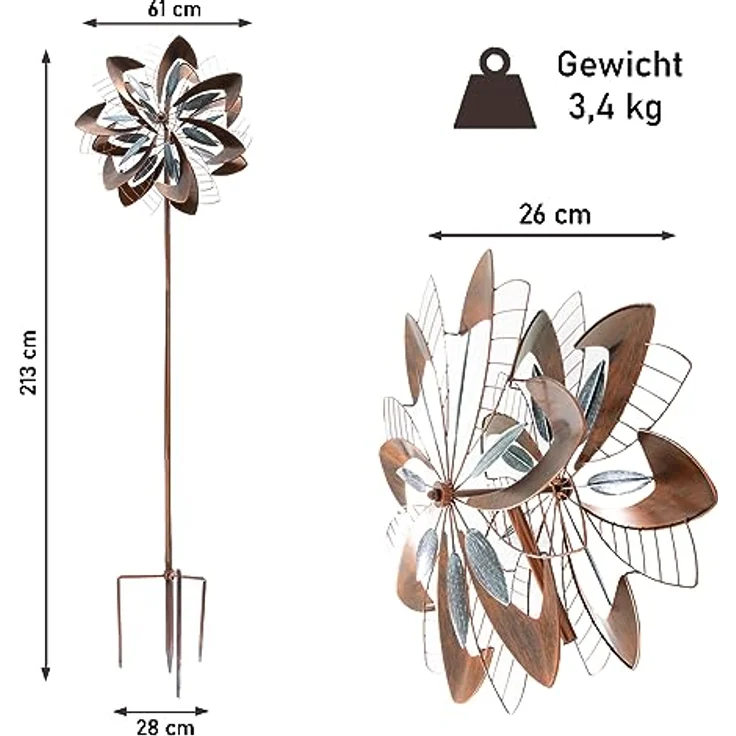LEMODO Windrad Dandelion mit gegenläufigen Rotoren | Gartendeko in 2 Höhen aufbaubar | Gartenstecker mit 213 cm Höhe | Windmühle in Kupferoptik | Windskulptur mit Charme – Bild 3