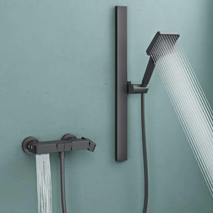 doporro Duschsystem10, Duscharmatur mit Regendusche und 3 Strahlarten, höhenverstellbare Aluminium Duschstange, grau – Bild 1