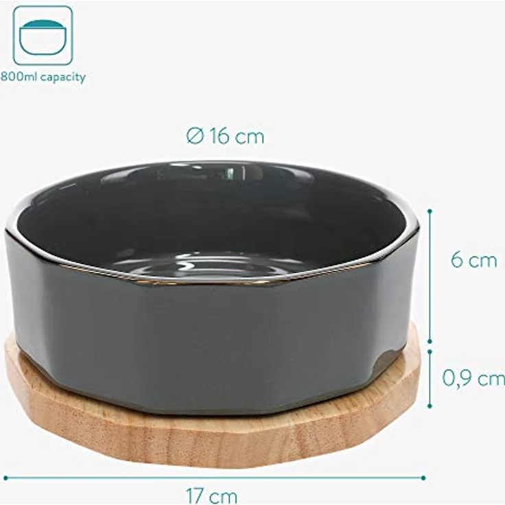Navaris Fressnapf Futternapf Set aus Keramik - 2X Hundenapf Katzennapf Futterschale mit Unterlage aus Eichenholz - Fressnäpfe für Hunde und Katzen – Bild 4