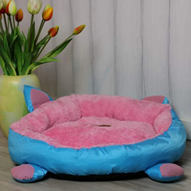 Pettimania Katzenbett mit Ohren, rosa/blau, herausnehmbares und bis 30° C waschbares Kissen, Füllung aus Watte – Bild 5