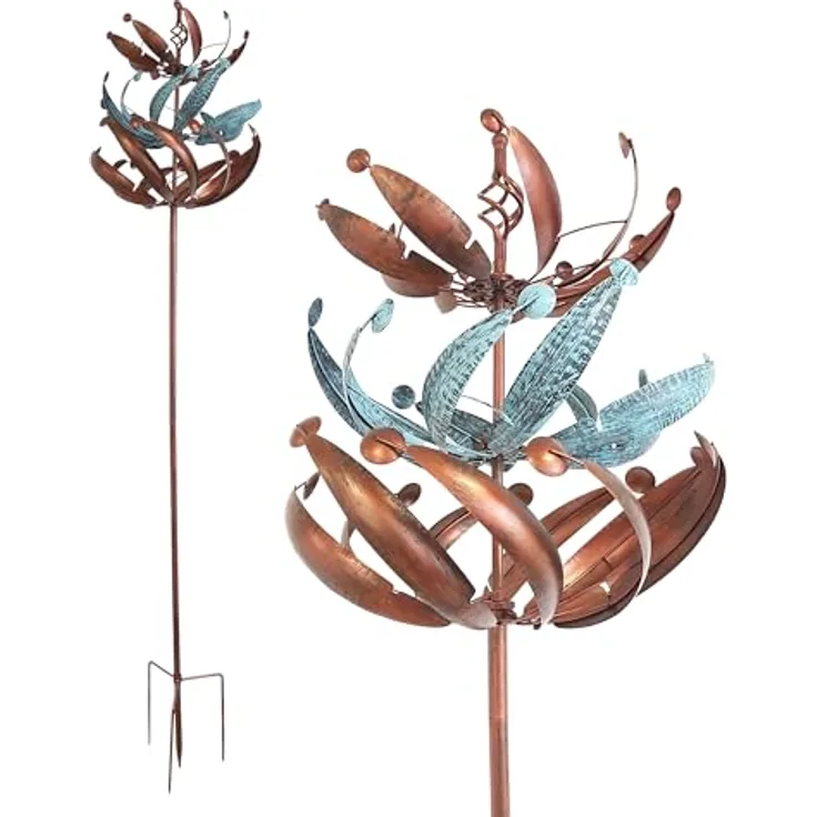 Lemodo großes Windspiel aus Metall mit gegenläufigen Rotoren | Gartendeko in 3 Höhen aufbaubar | Gartenstecker 221 cm hoch | Windmühle in Kupferoptik | Windskulptur mit Charme
