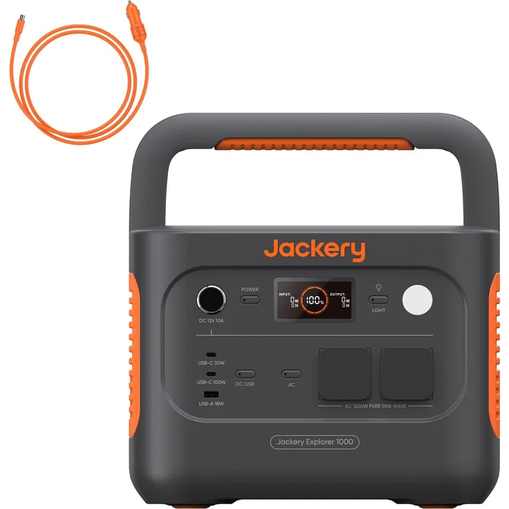 Jackery Explorer 1000 v2 Tragbare Powerstation, 1070Wh LiFePO4, 1500W AC/100W USB-C, 1 Std. Schnellladung, DC8020 Kfz-Ladekabel