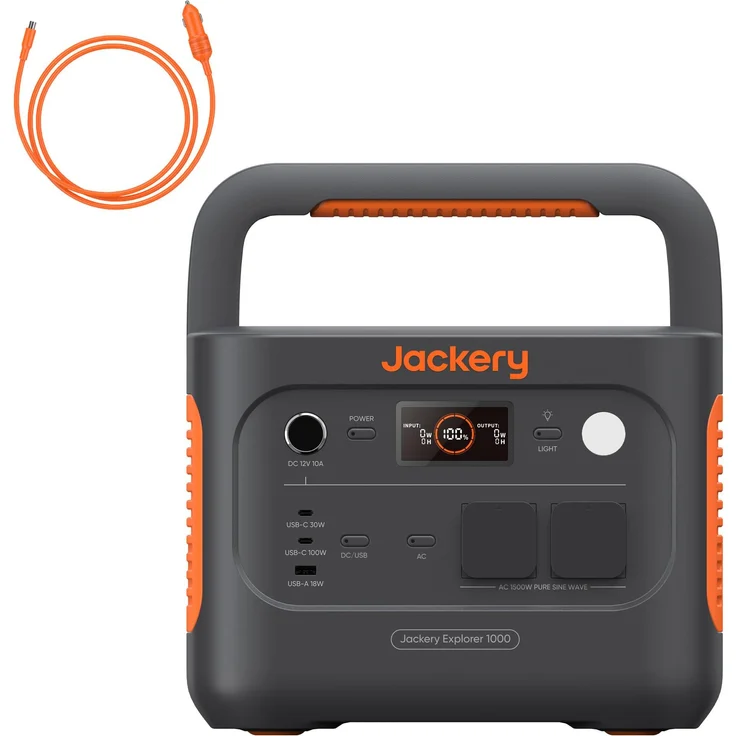 Jackery Explorer 1000 v2 Tragbare Powerstation, 1070Wh LiFePO4, 1500W AC/100W USB-C, 1 Std. Schnellladung, DC8020 Kfz-Ladekabel