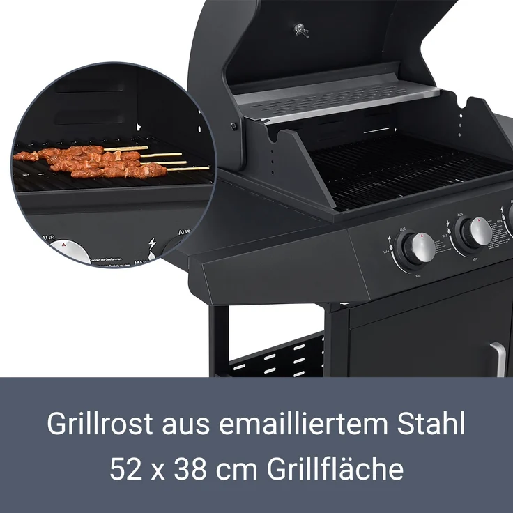 Juskys BBQ Gas-Grill Louisiana 3 Brenner Stahl-Korpus Grillrost, Deckel mit Thermometer, Warmhalterost & Seitenablagen Grillwagen Griller – Bild 5