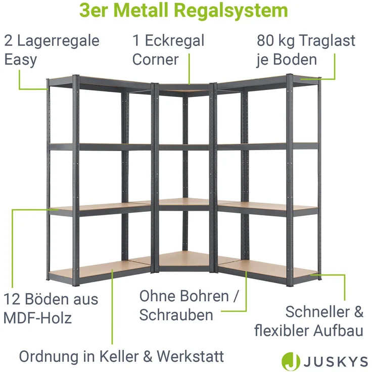 Juskys Lagerregal Easy 2er Set - Schwerlastregal 160x80x40 cm, 8 Böden, 640 kg, Metall verzinkt, Steckregal Kellerregal Metallregal Grau – Bild 2