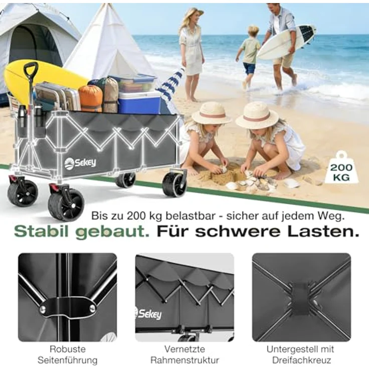 Sekey XXXL Bollerwagen, faltbar mit 300L Fassungsvermögen, 200KG belastbar, verlängerter Handwagen mit 17x10 cm All-Terrain-Rädern, patentierter 4-Wege-Sofortaufbau, wasserabweisende Wanne, anthrazit – Bild 5