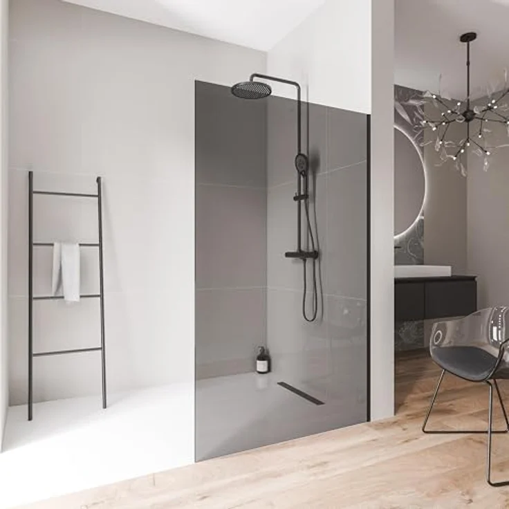 BERNSTEIN Walk-In Dusche EX102, Duschabtrennung 70 x 200cm aus 10 mm grauem ESG-Sicherheitsglas, mit Nano-Beschichtung und schwarzen Edelstahlprofilen, ebenerdig ohne Bodenprofil – Bild 3