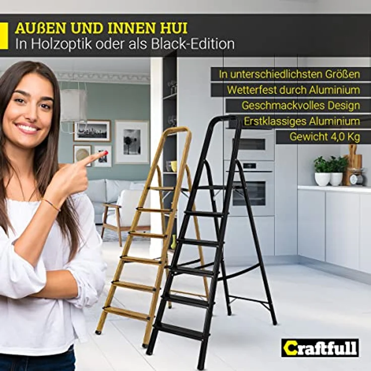 Craftfull CRÄFTFULL Alu Stehleiter CF-133A | 6 Stufen BlackEdition - Klappleiter mit Ablage - Haushaltsleiter - Aluleiter - 150 Kg - Trittleiter 2-6 Stufen – Bild 2