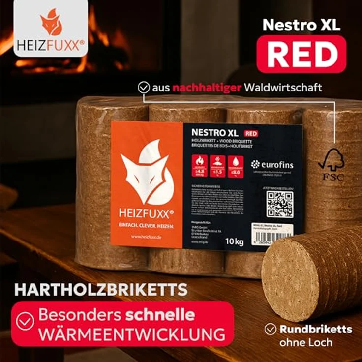 HEIZFUXX Nestro XL Red, Hartholzbriketts 10kg x 96 Gebinde, CO₂-neutral für effizientes Heizen, praktische Lagerung – Bild 2