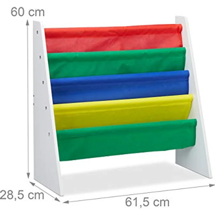 Relaxdays, Mehrfarbig Bücherregal für Kinder, Aufbewahrungsregal, Spielzeugregal, aus MDF+Polyester, mit 4 Stofffächern, Standard – Bild 4