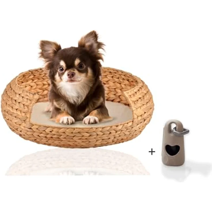 Rohrschneider® runder Hundekorb aus geflochtener Wasserhyazinthe| herausnehmbares, waschbares Kissen| gemütliches Hundesofa für kleine, mittelgroße u. große Hunde| Gr. S (L 41 X B 41 X H 18 cm) in Naturfarbe – Bild 1