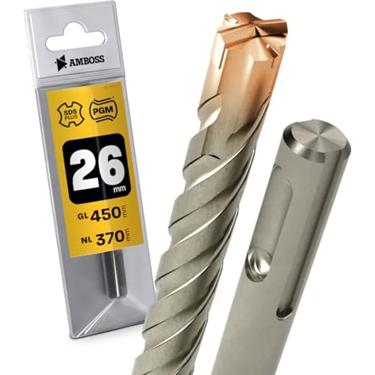 AMBOSS SDS Plus Hammerbohrer 4X Schneiden PGM Ø 26.0mm x 370mm, Hartmetall Profi Bohrer für Beton, Mauerwerk und Ziegel