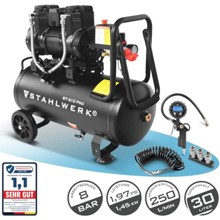 STAHLWERK Kompressor ST-310 Pro, ölfreier Flüster-Kompressor mit 30 l Kesselinhalt und 210 l/min Durchfluss, 10 bar max. Druck – Bild 2