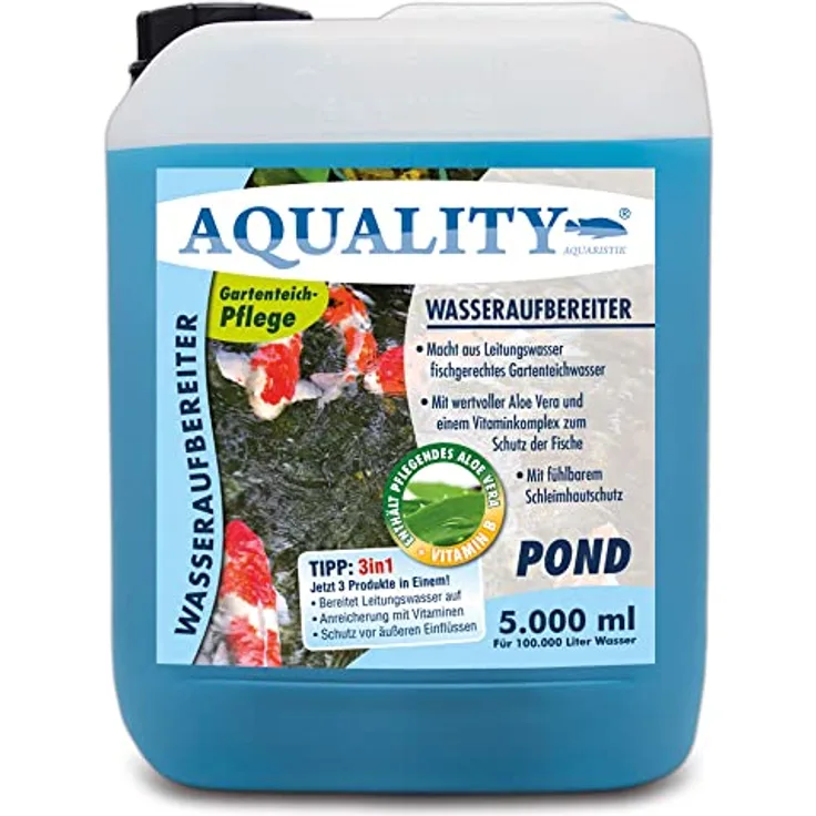 AQUALITY Gartenteich Wasseraufbereiter Pond 3in1 (Macht aus Leitungswasser fischgerechtes Teichwasser - Mit Aloe Vera, Vitamine - Schleimhautschutz), Inhalt:5 Liter